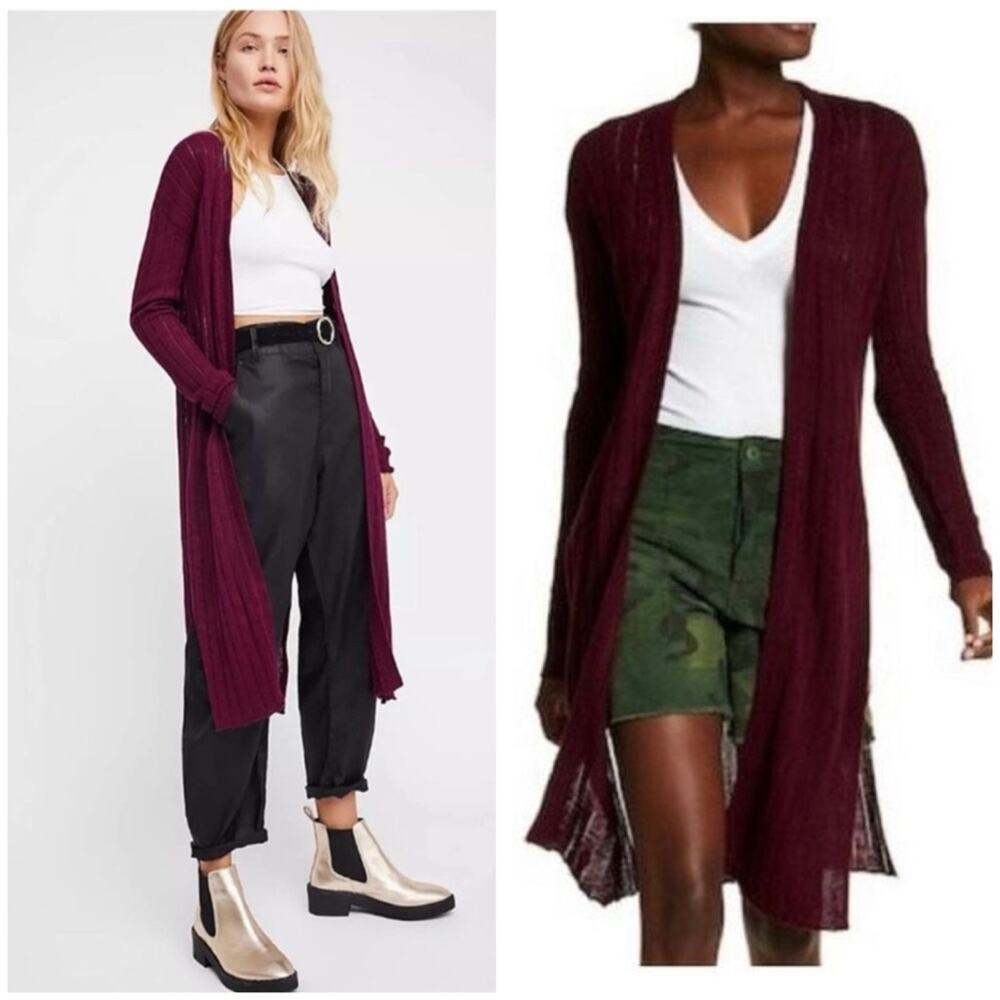 Free People Deep Burgundy Ribbed Open-Front Long Cardigan